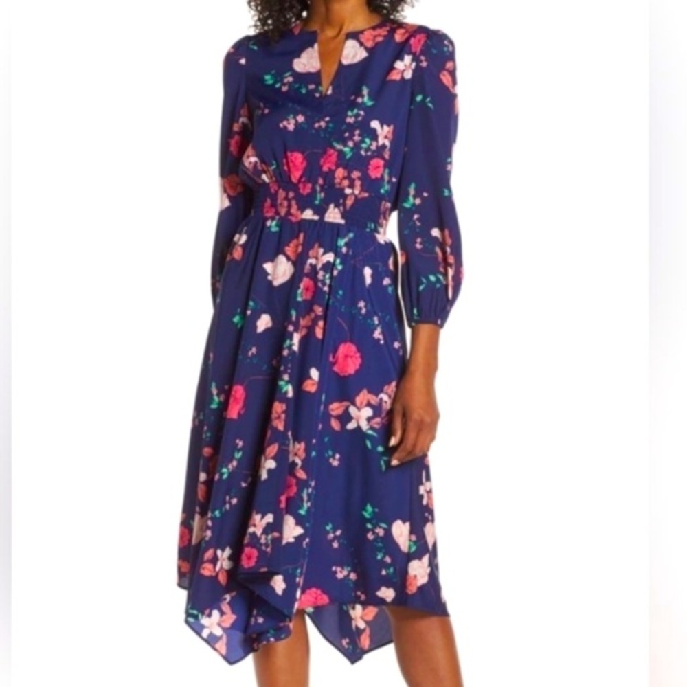 Eliza J Navy Floral Hanky Hem Midi, Size 16W